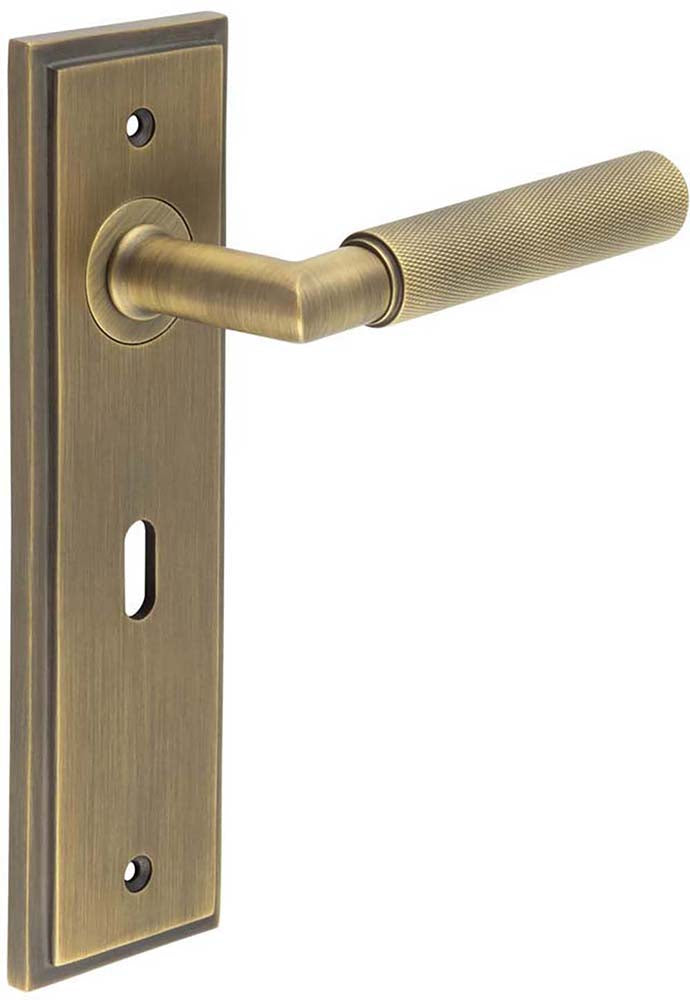 Knurled Pattern Lever Handle On A Large Rectangular Backplate - Antique Brass