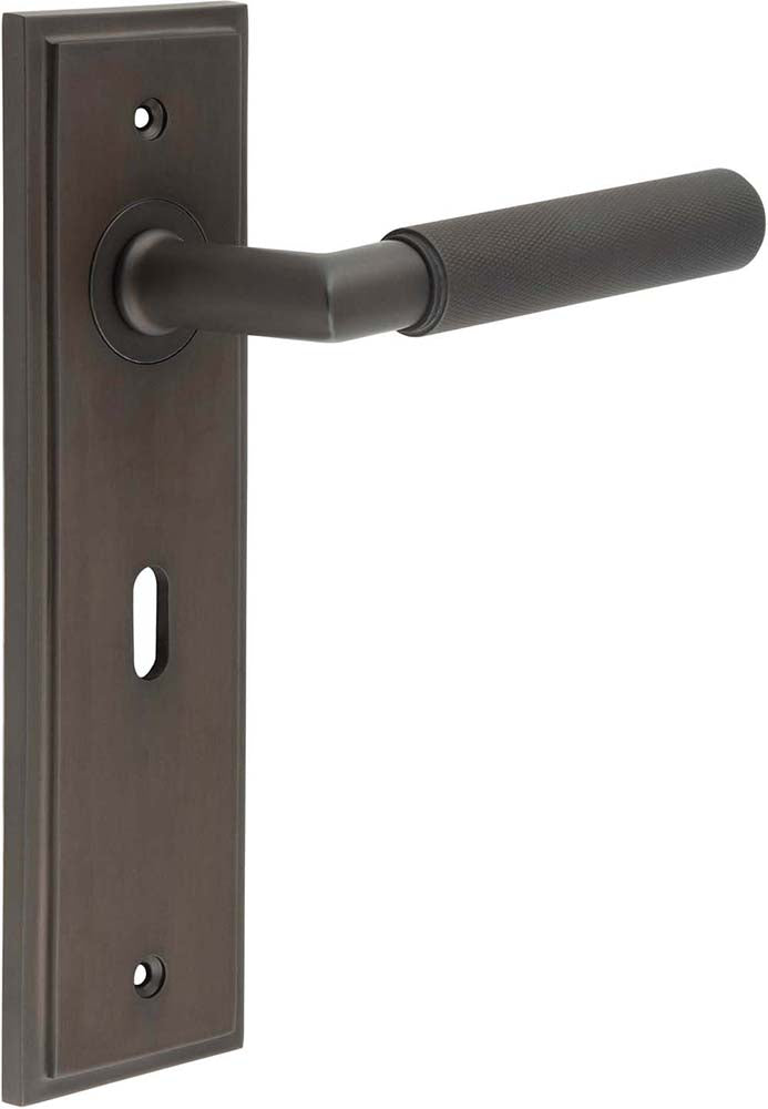 Knurled Pattern Lever Handle On A Large Rectangular Backplate - Dark Bronze