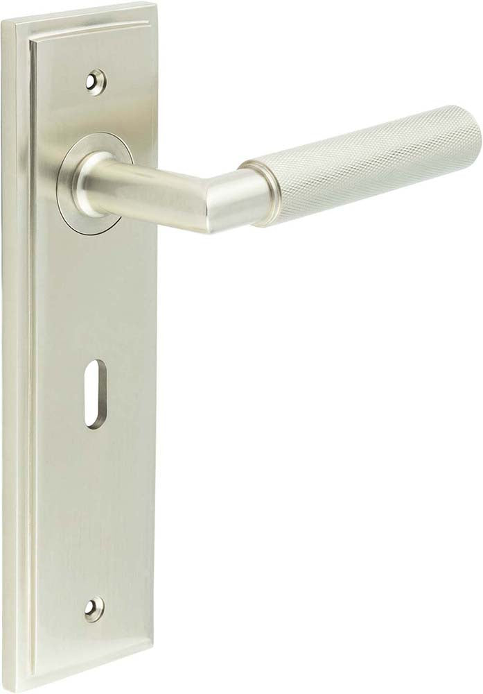 Knurled Pattern Lever Handle On A Large Rectangular Backplate - Satin Nickel