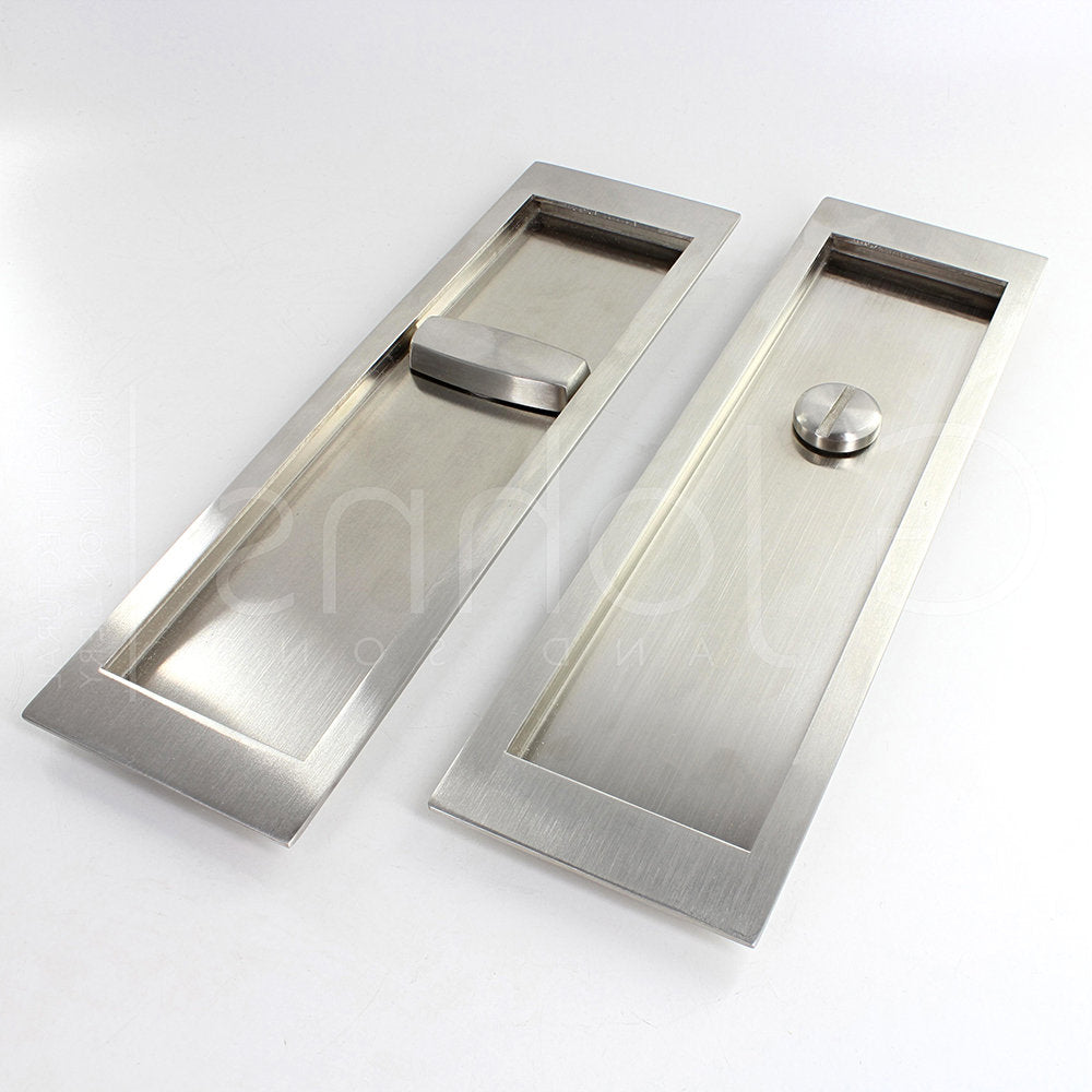 Large Rectangular Shape Inset Style Flush Fitting Handles & Bathroom Hook Lock Set With Turn & Release For Sliding Pocket Doors 210mm x 63mm - Satin Stainless Steel