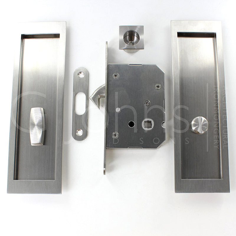 Large Rectangular Shape Inset Style Flush Fitting Handles & Bathroom Hook Lock Set With Turn & Release For Sliding Pocket Doors 210mm x 63mm - Satin Stainless Steel