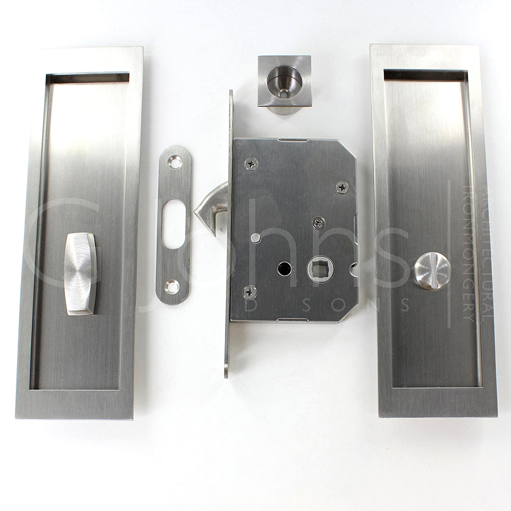 Large Rectangular Shape Inset Style Flush Fitting Handles & Bathroom Hook Lock Set With Turn & Release For Sliding Pocket Doors 210mm x 63mm - Satin Stainless Steel