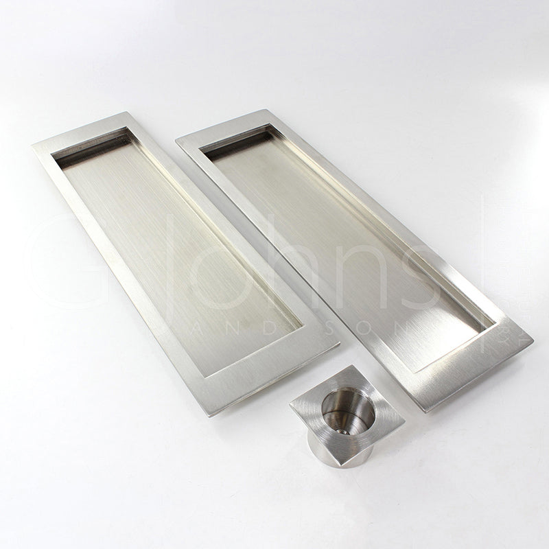Large Rectangular Shape Inset Design Flush Pull Handle Set For Sliding Pocket Doors - 210mm x 63mm - Satin Stainless Steel