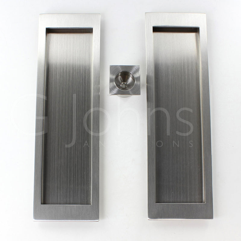 Large Rectangular Shape Inset Design Flush Pull Handle Set For Sliding Pocket Doors - 210mm x 63mm - Satin Stainless Steel