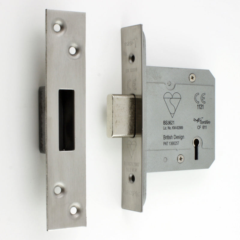 BS Rated - 5 Lever British Standard Kite Marked Mortice Dead Lock - Satin Stainless Steel