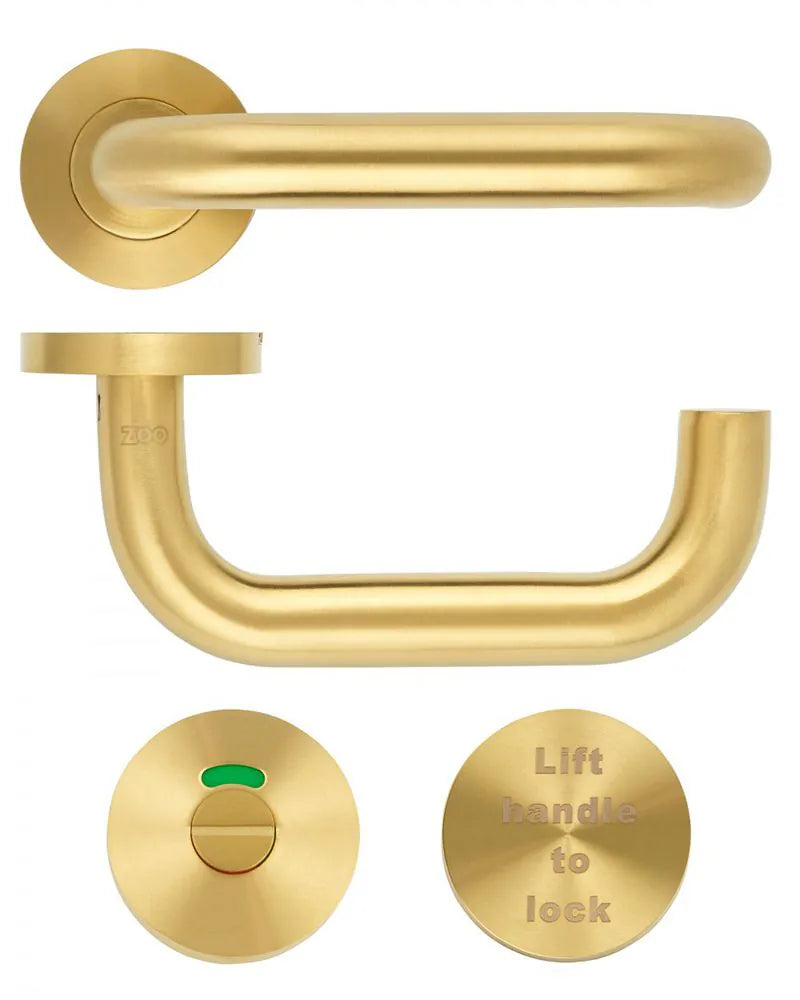 Lift Handle To Lock - Accessible Roller Lock & Handle Set For Disabled WC Toilets - PVD Satin Brass Plated