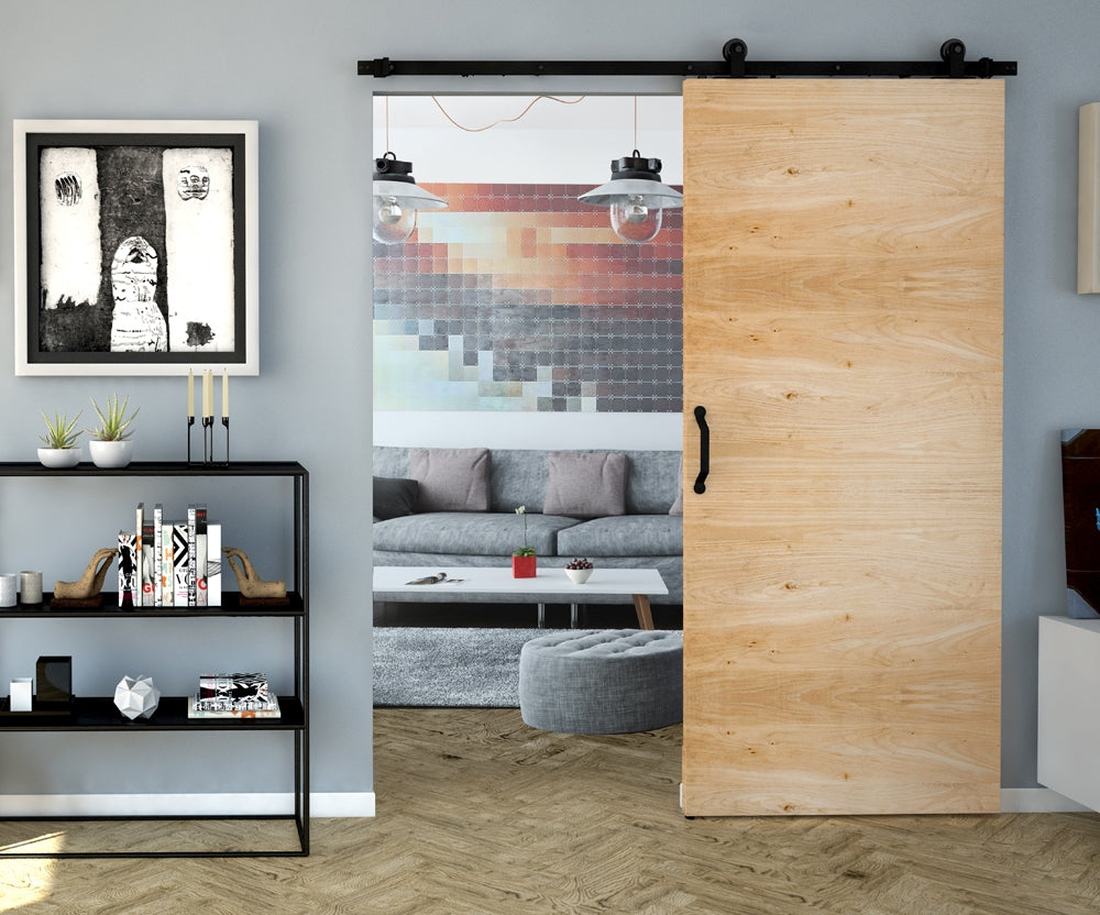 Luna - Sliding Door Gear With Top Hung Fixing Brackets & Exposed Roller Wheels - For Door Widths Up To 900mm Wide - Track Length 2000mm - Matt Black