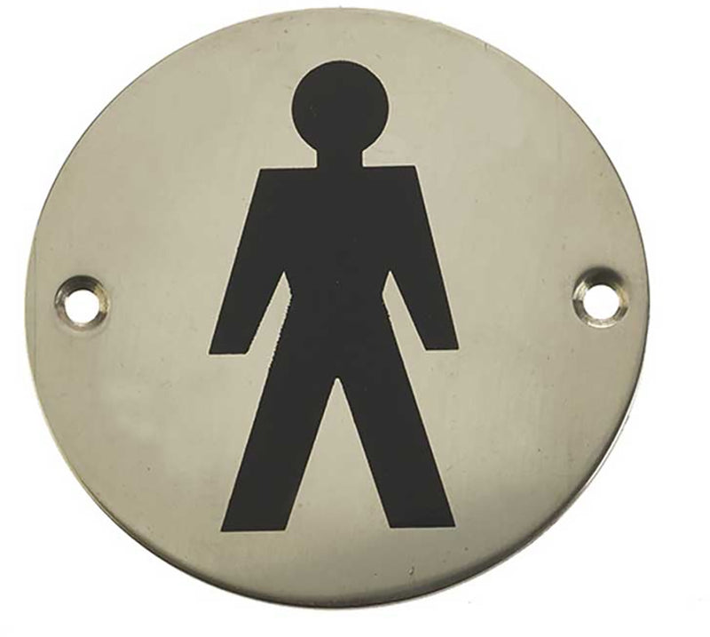 Male Symbol - Circular Screw Fix Sign - Polished Stainless Steel