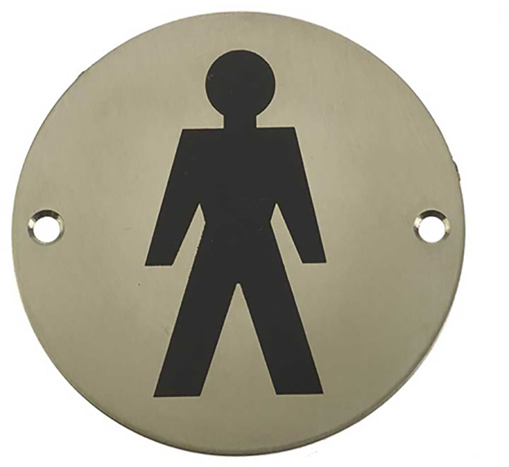 Male Symbol - Circular Screw Fix Sign - Satin Stainless Steel