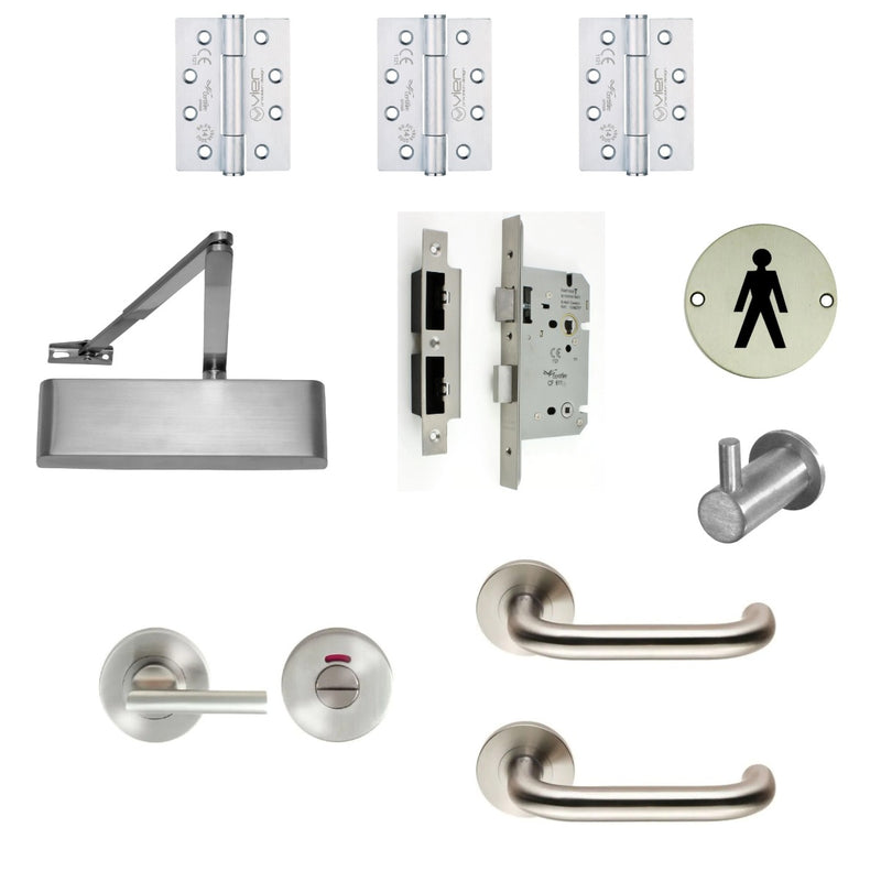 Male WC Toilet Door - Turn & Release Locking - Ironmongery Kit - For Non Fire Rated Doors - Satin Stainless Steel Ironmongery