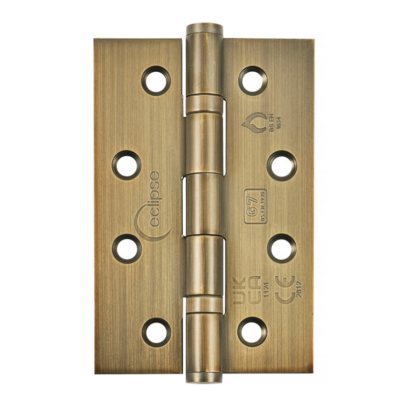 Narrow Leaf Washered Hinges - Grade 7 - Fire Rated - CE / UKCA Marked - Certifire Approved - 40kg Weight Limit - 102mm x 67mm - Matt Antique Brass (Lacquered)