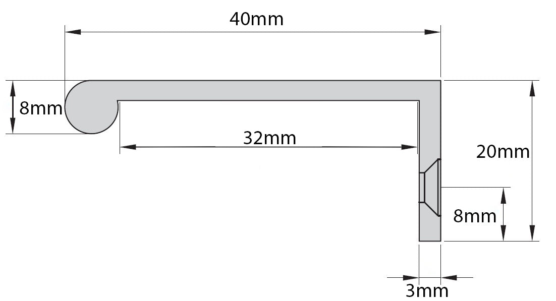 Rear Fixing Finger Edge Pull - With Rounded Edge Design - Available In 3 Sizes - Diagram