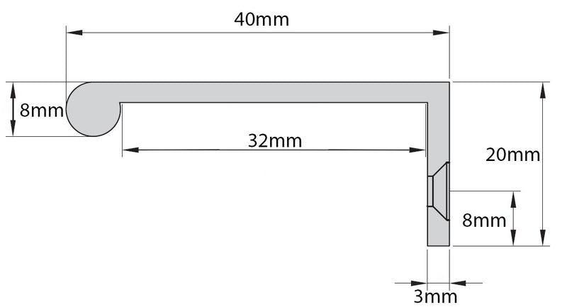 Rear Fixing Finger Edge Pull - With Rounded Edge Design - Available In 3 Sizes - Diagram