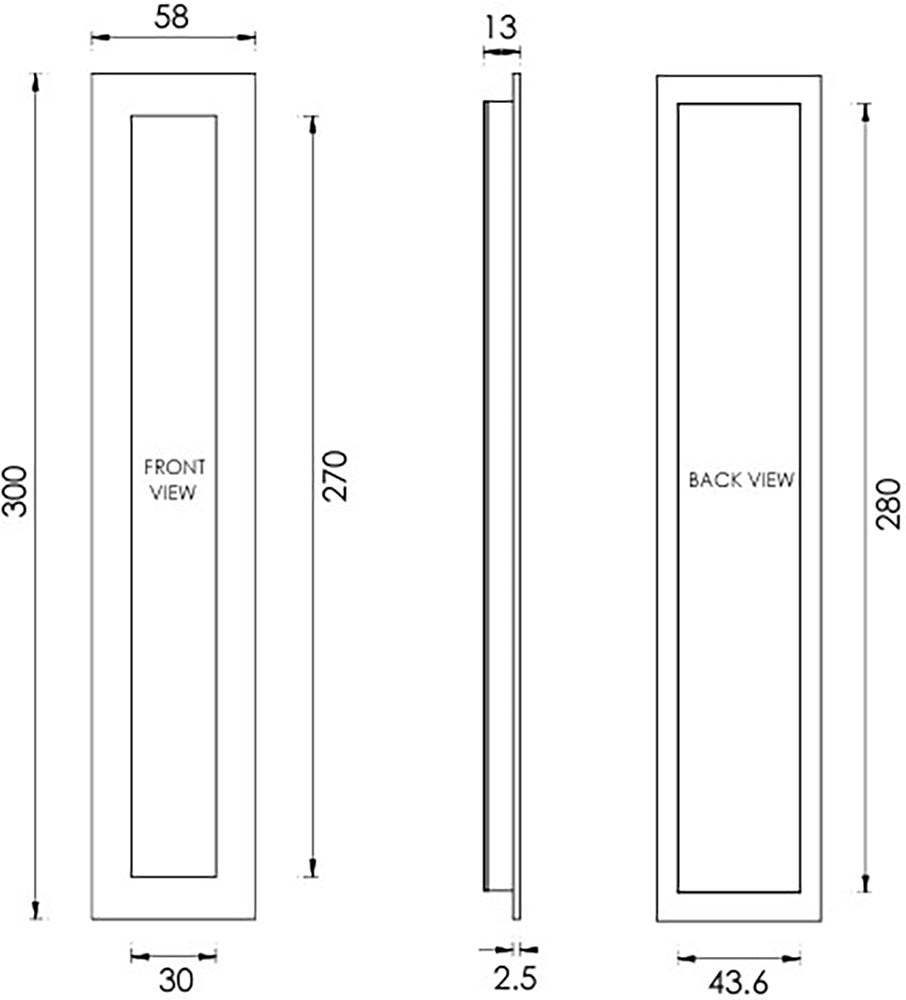 Rectangular Flush Pull Handle For Sliding Pocket Doors - Three Sizes Available - Diagram