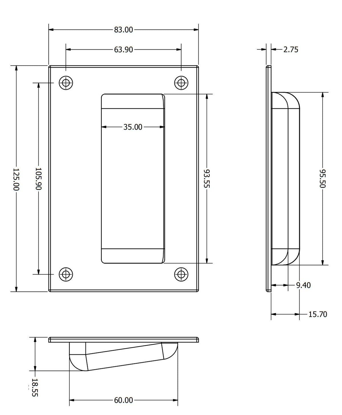 Rectangular Flush Pull Handle With Finger Grip Section - For Sliding Or Hinged Doors - 125mm x 83mm -  Satin Stainless Steel 