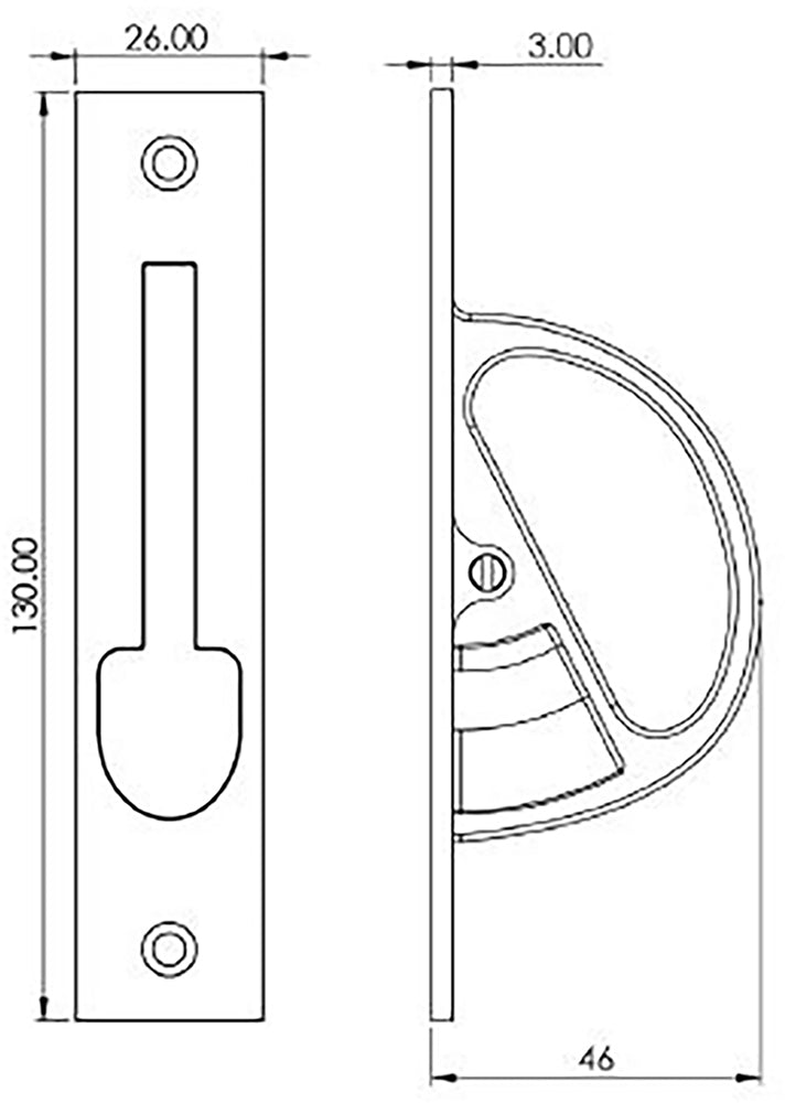 Pocket Door Edge Pull - Counterbalanced - 130mm x 26mm - Diagram