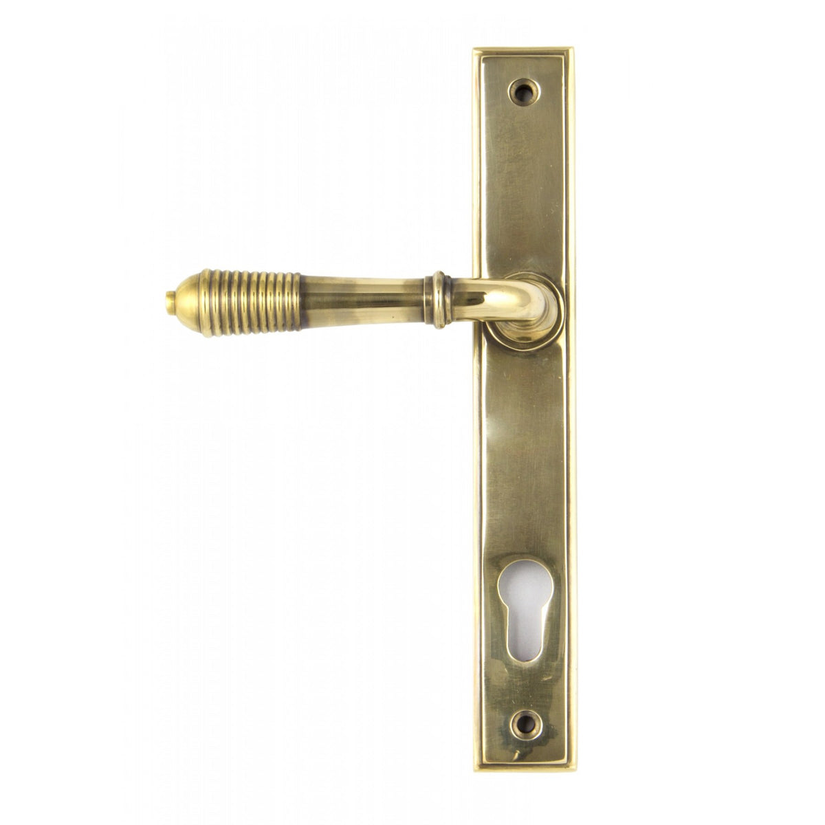 Reeded Slimline Lever Multi Point Door Lever Handles - 92mm Euro Centres - 212mm Bolt Centres - 244mm x 36mm Back Plate - Aged Brass
