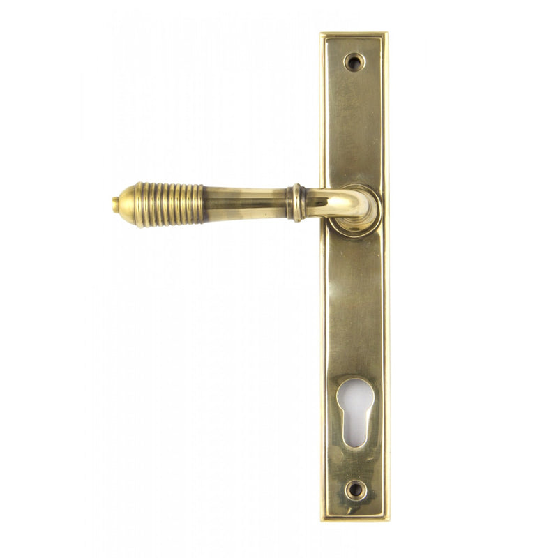 Reeded Slimline Lever Multi Point Door Lever Handles - 92mm Euro Centres - 212mm Bolt Centres - 244mm x 36mm Back Plate - Aged Brass