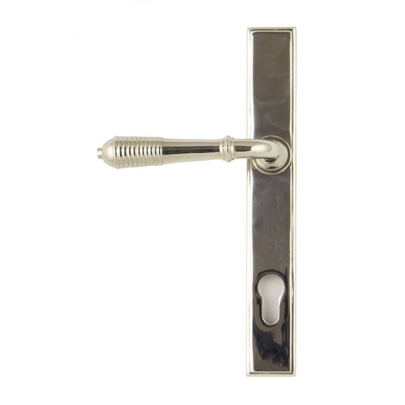 Reeded Slimline Lever Multi Point Door Lever Handles - 92mm Euro Centres - 212mm Bolt Centres - 244mm x 36mm Back Plate - Polished Nickel