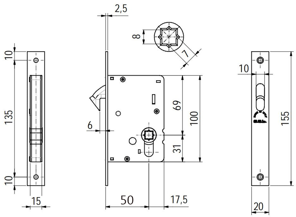 Rectangular Turn & Release Hook Lock For Sliding Pocket Doors - 197mm x 57mm - Diagram