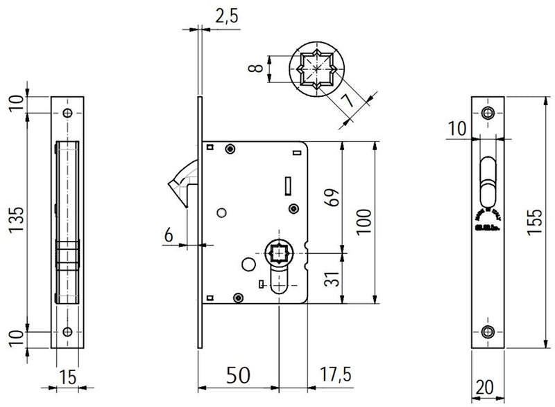 Rectangular Turn & Release Hook Lock For Sliding Pocket Doors - 197mm x 57mm - Diagram