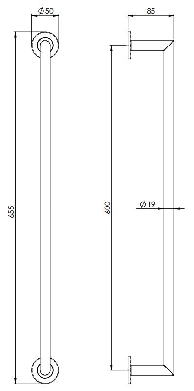Single Round Bar Mitred Towel Rail - Concealed Fix Roses - Diagram