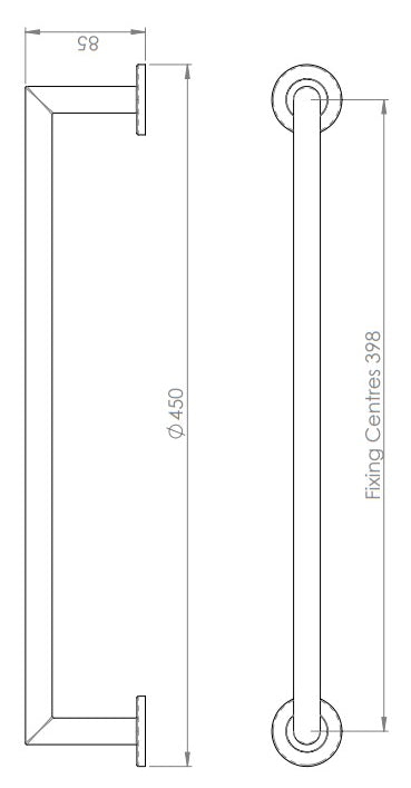 Single Round Bar Mitred Towel Rail - Concealed Fix Roses - 450mm - Diagram