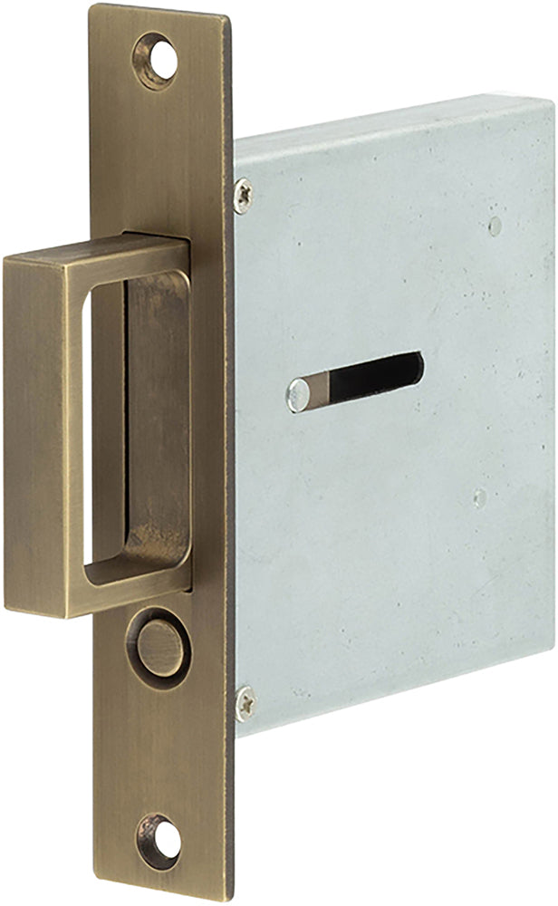 Pocket Door Pop Out Edge Pull - Spring Loaded - 88mm Case Depth - Antique Brass - Open