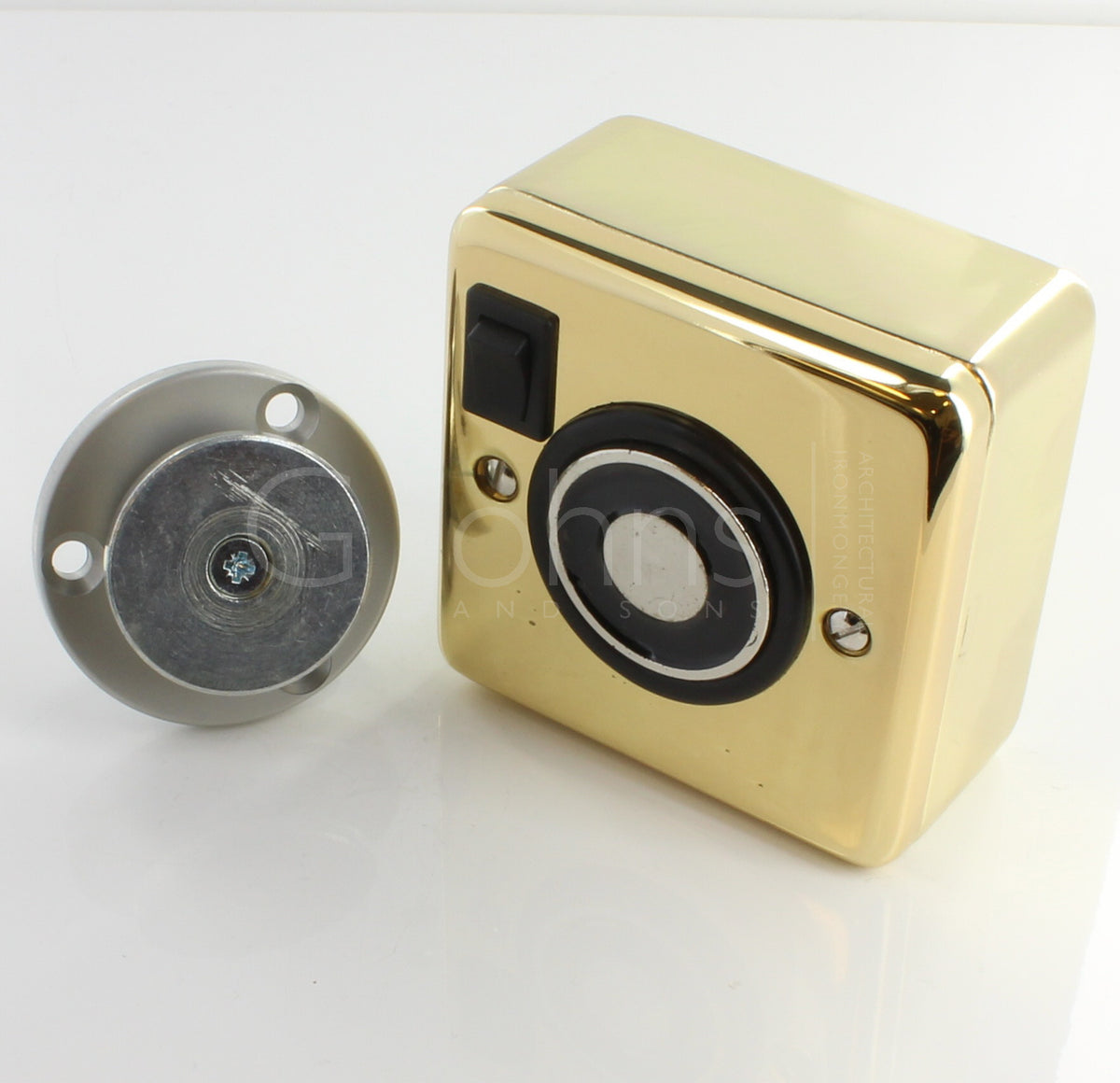 Surface Mounted Electro-Magnetic Fire Door Holder - 24v DC - With Manual On / Off Switch - Supplied With Armature Plate - Polished Brass Plated