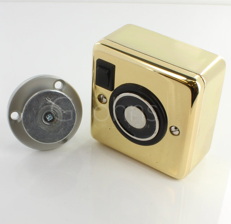 Surface Mounted Electro-Magnetic Fire Door Holder - 24v DC - With Manual On / Off Switch - Supplied With Armature Plate - Polished Brass Plated