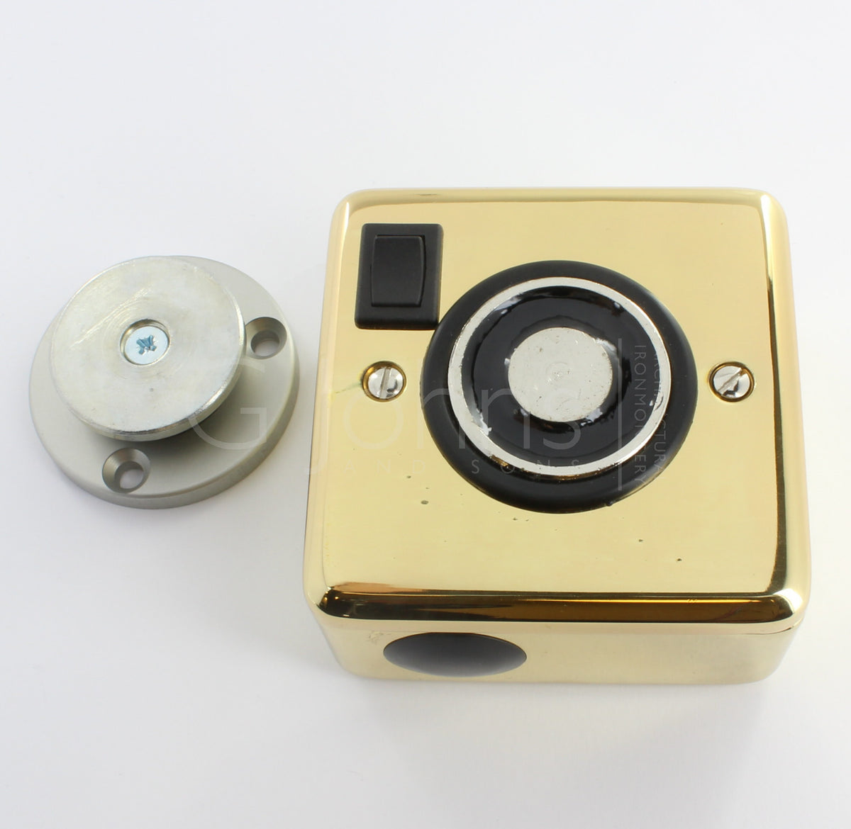 Surface Mounted Electro-Magnetic Fire Door Holder - 24v DC - With Manual On / Off Switch - Supplied With Armature Plate - Polished Brass Plated