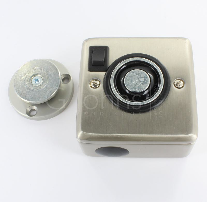 Surface Mounted Electro-Magnetic Fire Door Holder - 24v DC - With Manual On / Off Switch - Supplied With Armature Plate - Satin Nickel Finish