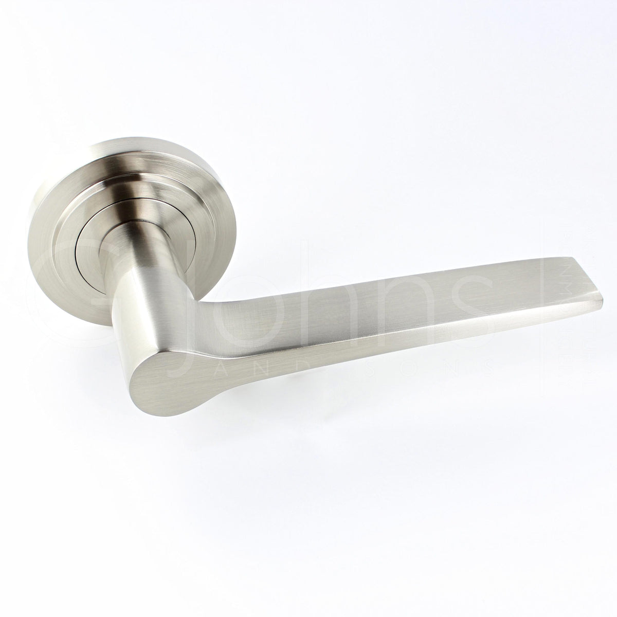 tapered-pattern-lever-handles-with-stepped-round-rose-satin-nickel