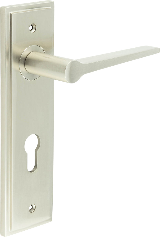 Tappered Pattern Lever Handle On A Large Rectangular Backplate - Satin Nickel