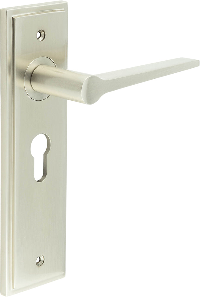 Tappered Pattern Lever Handle On A Large Rectangular Backplate - Satin Nickel