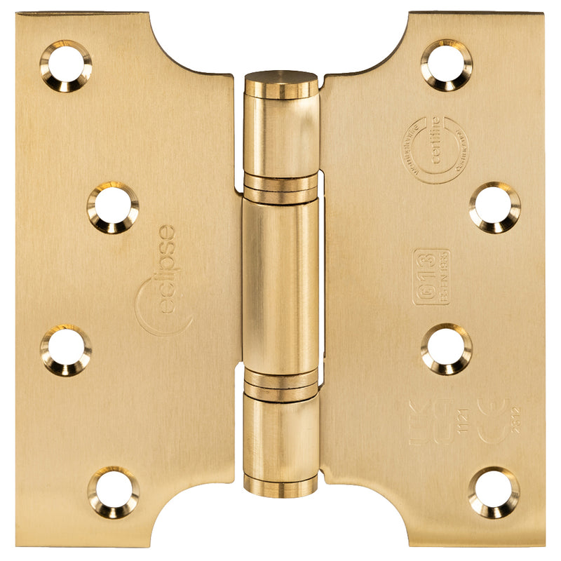 Thrust Bearing Parliament Hinges - Grade 13 - Fire Rated - CE / UKCA Marked - Certifire Approved - 120kg Weight Limit - 102mm x 50mm x 102mm - Satin Brass Plated
