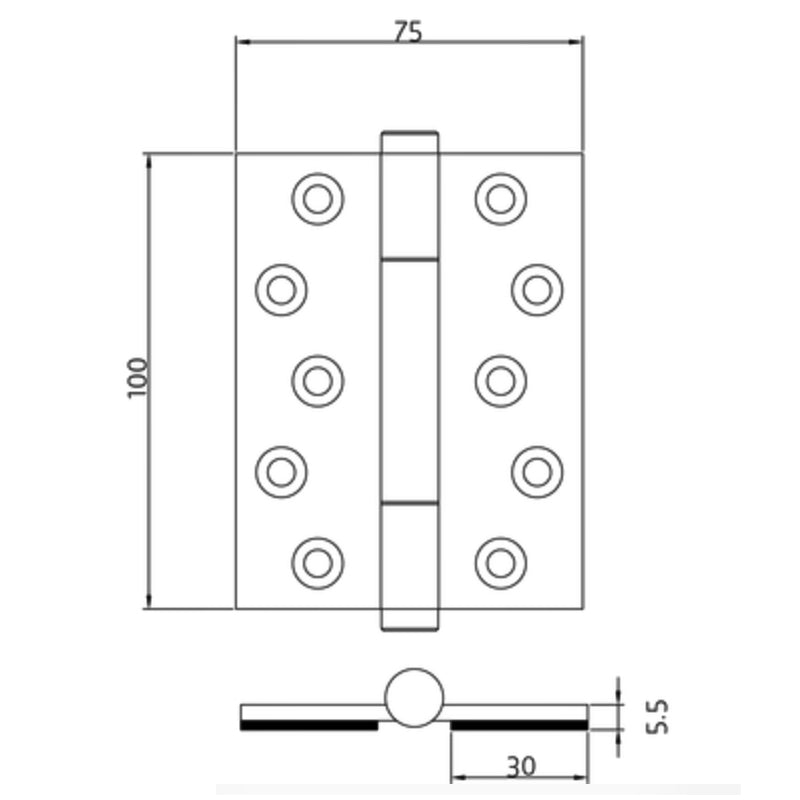 Tritech Concealed Polymer Bearing - Grade 14 Hinge - Self Lubricating - CE Marked - Fired Rated - 100mm x 75mm - Dimensions Diagram