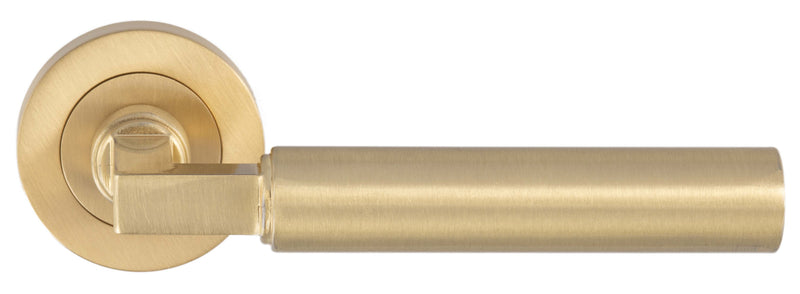 Tubular Lever Door Handles With Square Section Neck With Round Rose - Satin Brass