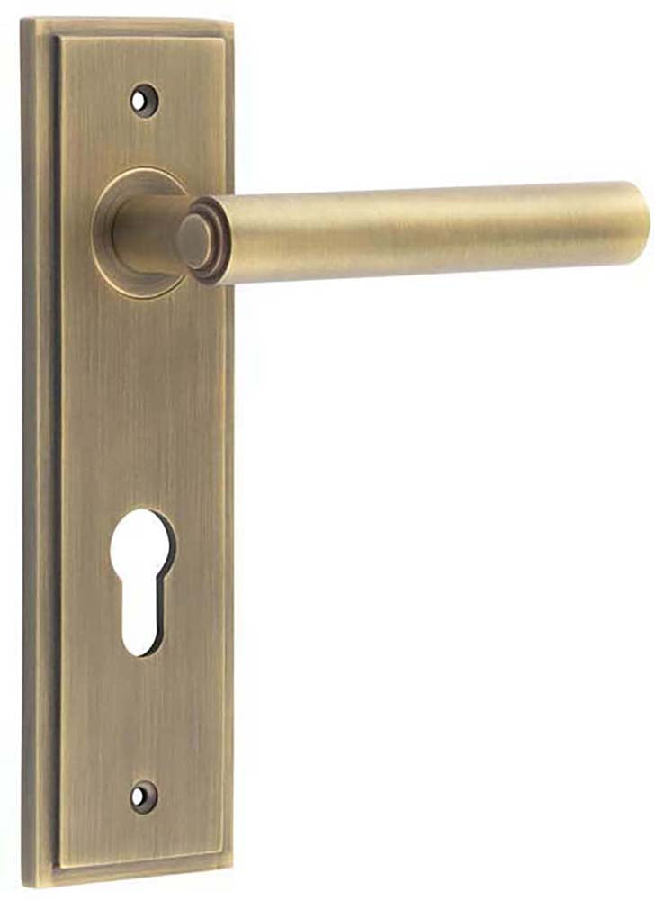 Tubular Pattern Lever Handle With Stepped Ends On A Large Rectangular Backplate - Antique Brass