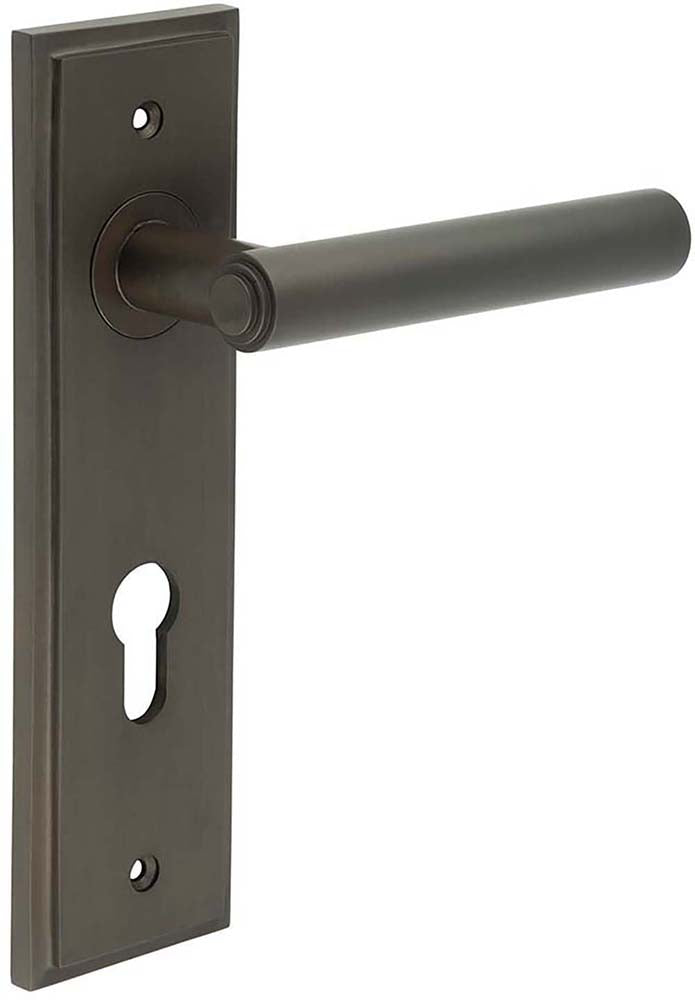Tubular Pattern Lever Handle With Stepped Ends On A Large Rectangular Backplate - Dark Bronze