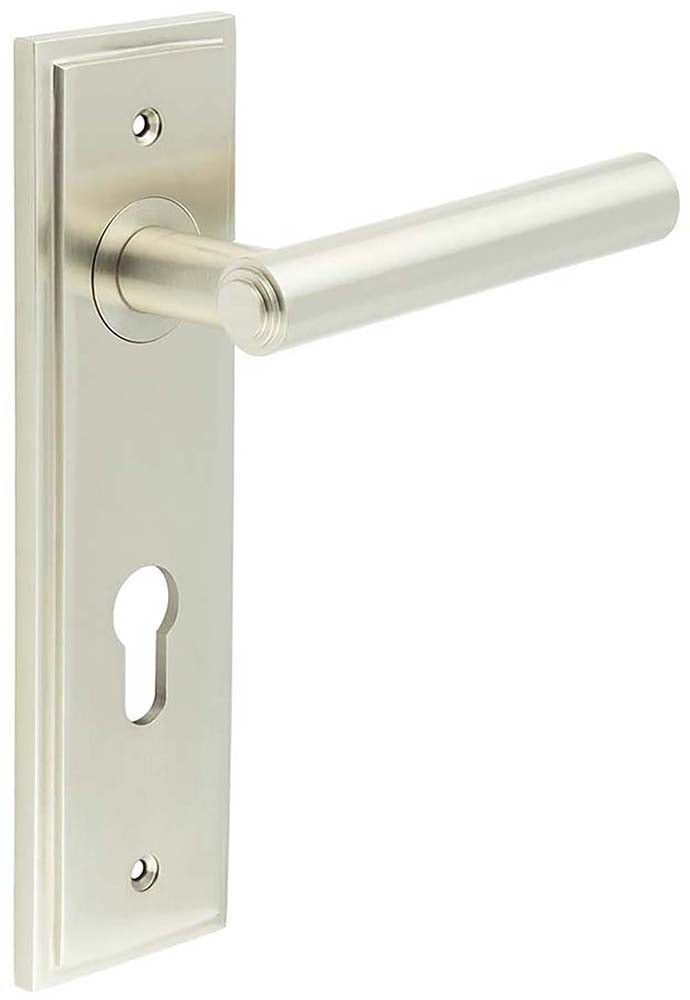 Tubular Pattern Lever Handle With Stepped Ends On A Large Rectangular Backplate - Satin Nickel