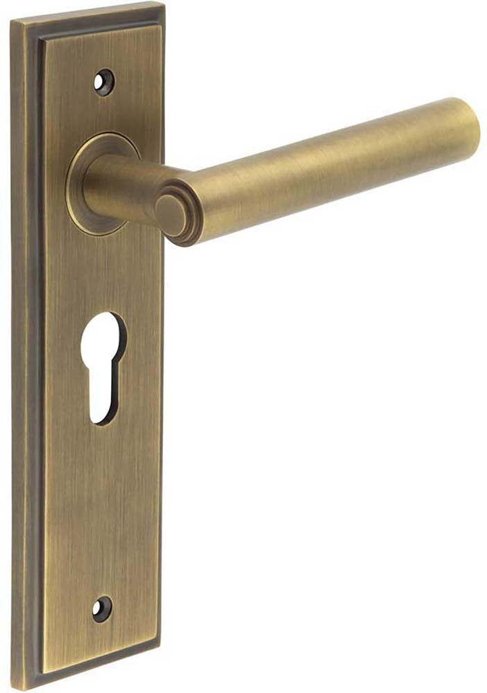 Tubular Pattern Lever Handle With Stepped Ends On A Large Rectangular Backplate - Antique Brass