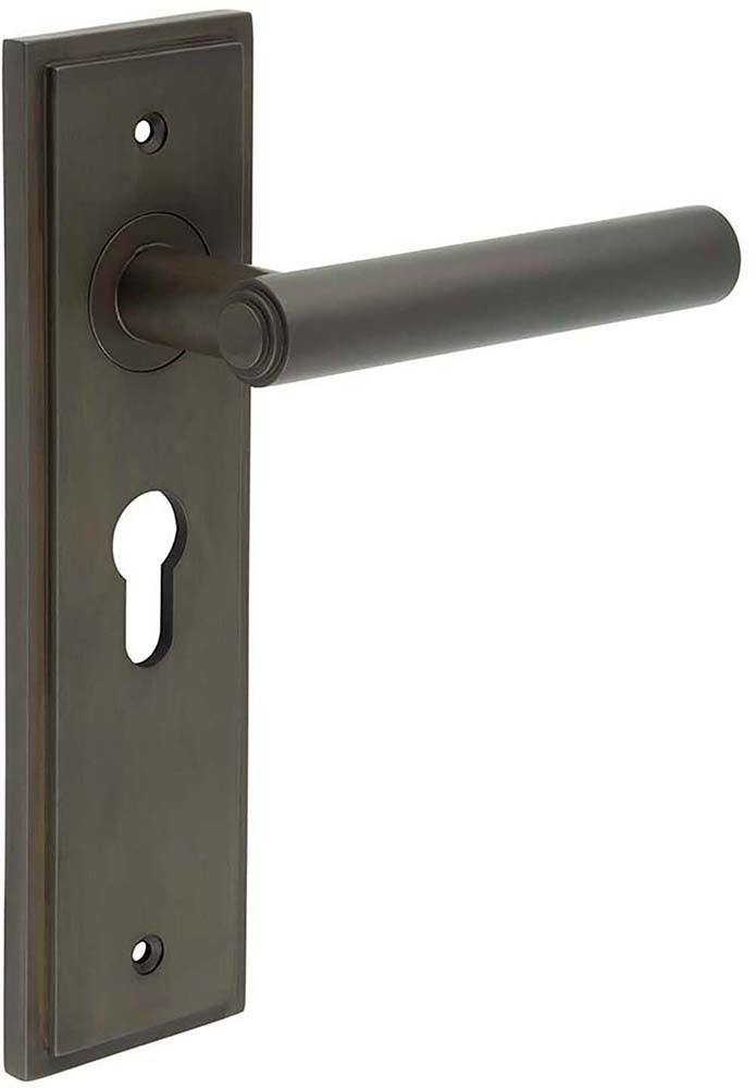 Tubular Pattern Lever Handle With Stepped Ends On A Large Rectangular Backplate - Dark Bronze
