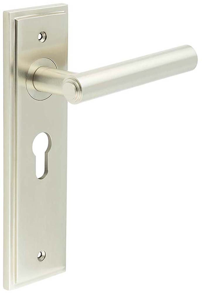 Tubular Pattern Lever Handle With Stepped Ends On A Large Rectangular Backplate - Satin Nickel