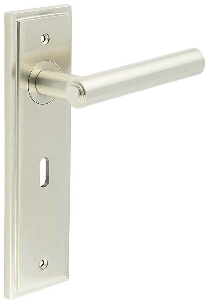 Tubular Pattern Lever Handle With Stepped Ends On A Large Rectangular Backplate - Satin Nickel