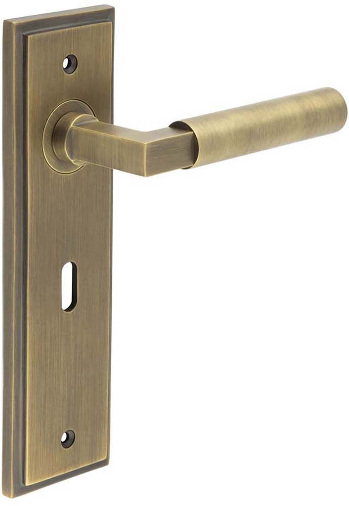 Tubular Pattern Lever Handle On A Large Rectangular Backplate - Antique Brass