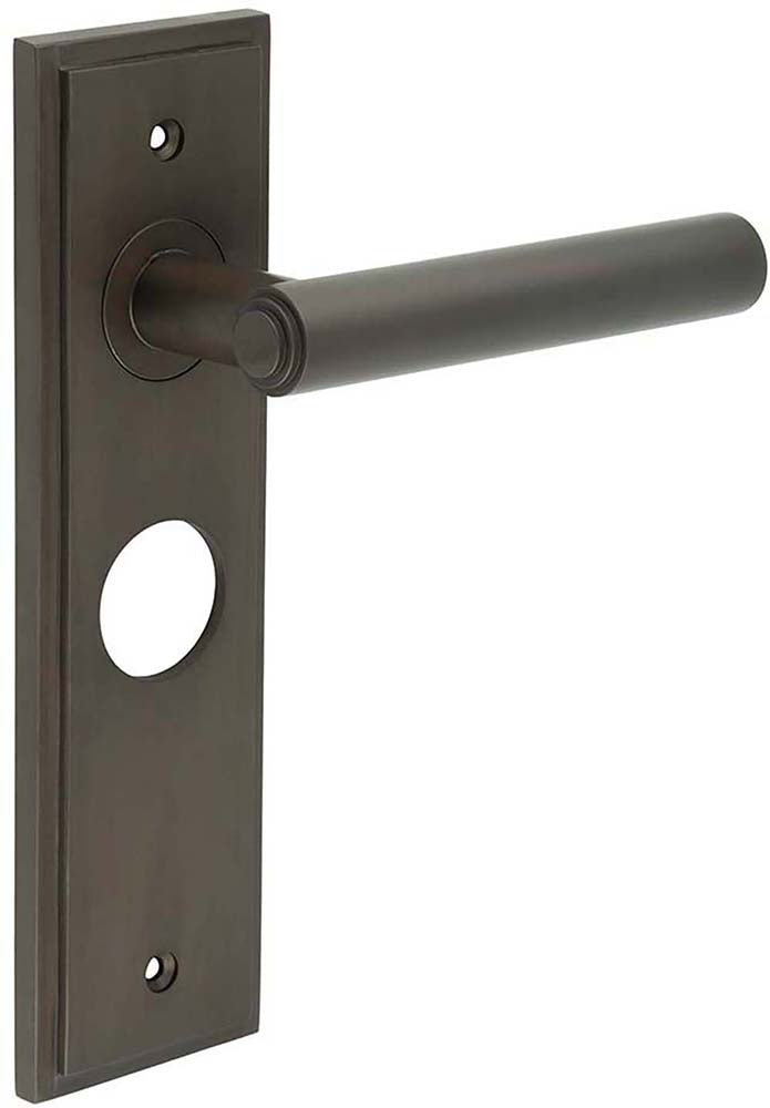 Tubular Pattern Lever Handle With Stepped Ends On A Large Rectangular Backplate - Dark Bronze