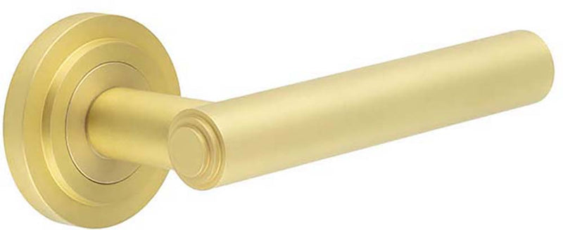 Tubular Pattern Lever Handles With Stepped Ends On Stepped Round Rose - Suitable For Use With FD30 / FD60 Fire Doors - Satin Brass