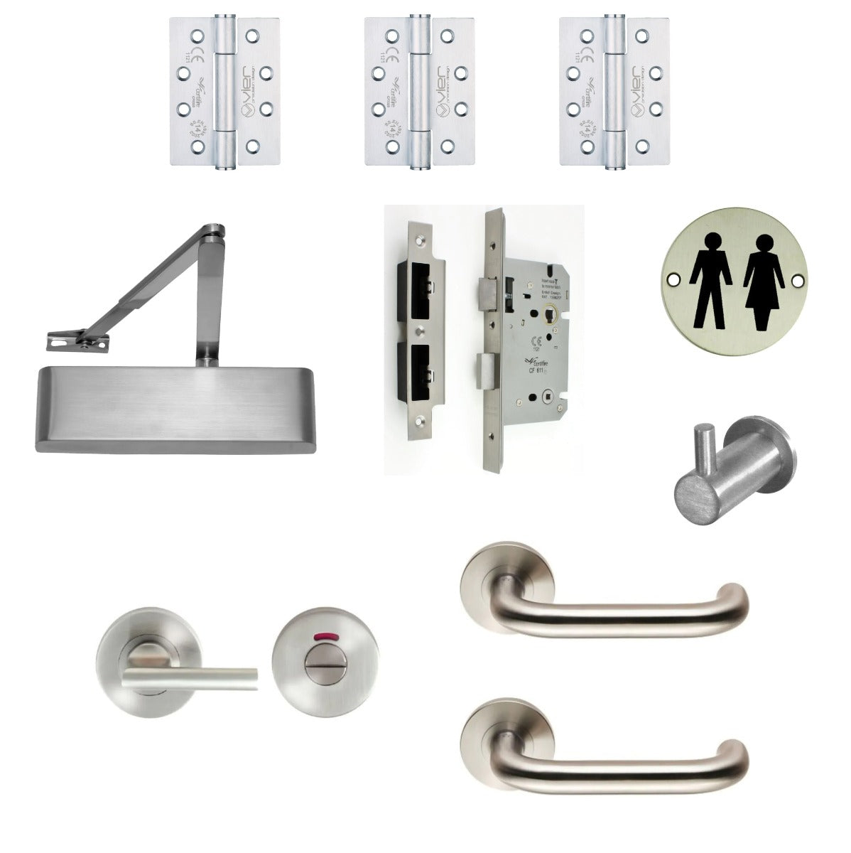 Unisex WC Toilet Door - Turn & Release Locking - Ironmongery Kit - For Non Fire Rated Doors - Satin Stainless Steel Ironmongery