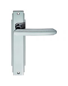 Art Deco Lever Door Handles - Narrow Stepped Plate Design - Polished Chrome - Latch Set